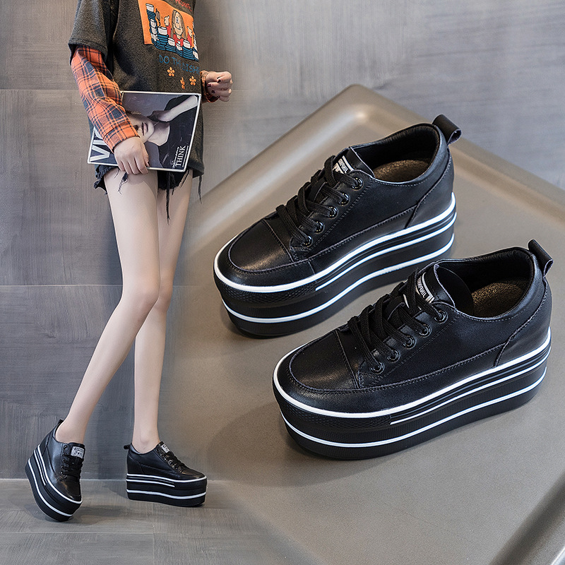 Genuine Leather Super High Thick Heel Platform Sneakers - true-deals-club