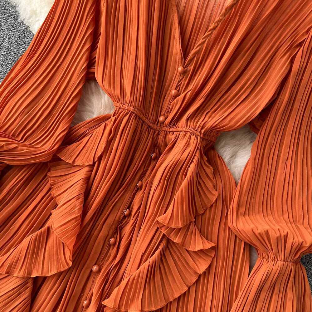 Chiffon Pleated Long Dress Women Vintage V-Neck Flare Sleeve Draped Ruffle Vestido Female Maxi Robe Spring Fall 1215-1