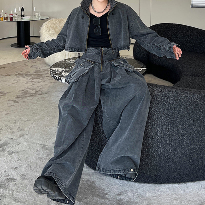 Maxct Loose Oversized Cropped Jacket Denim Set