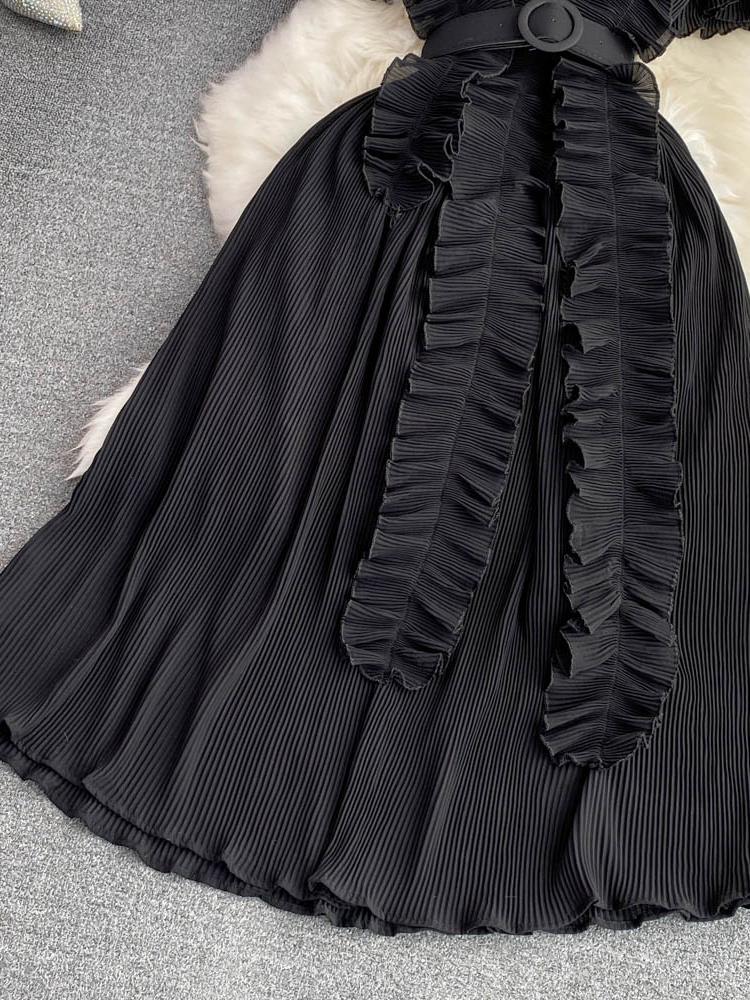 Women's Pleated Midi Dress Purple/Red/White Stand Collar Short Flare Sleeve High Waist A-Line Ruffle Party Vestidos Female