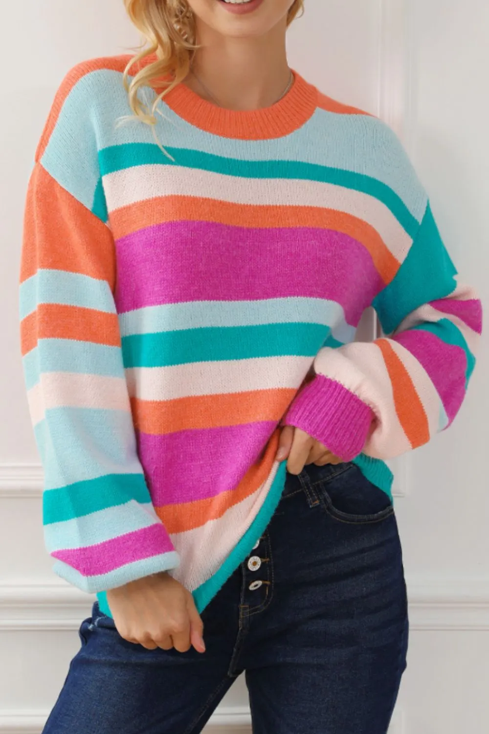 Maxct &Striped Round Neck Drop Shoulder Sweater