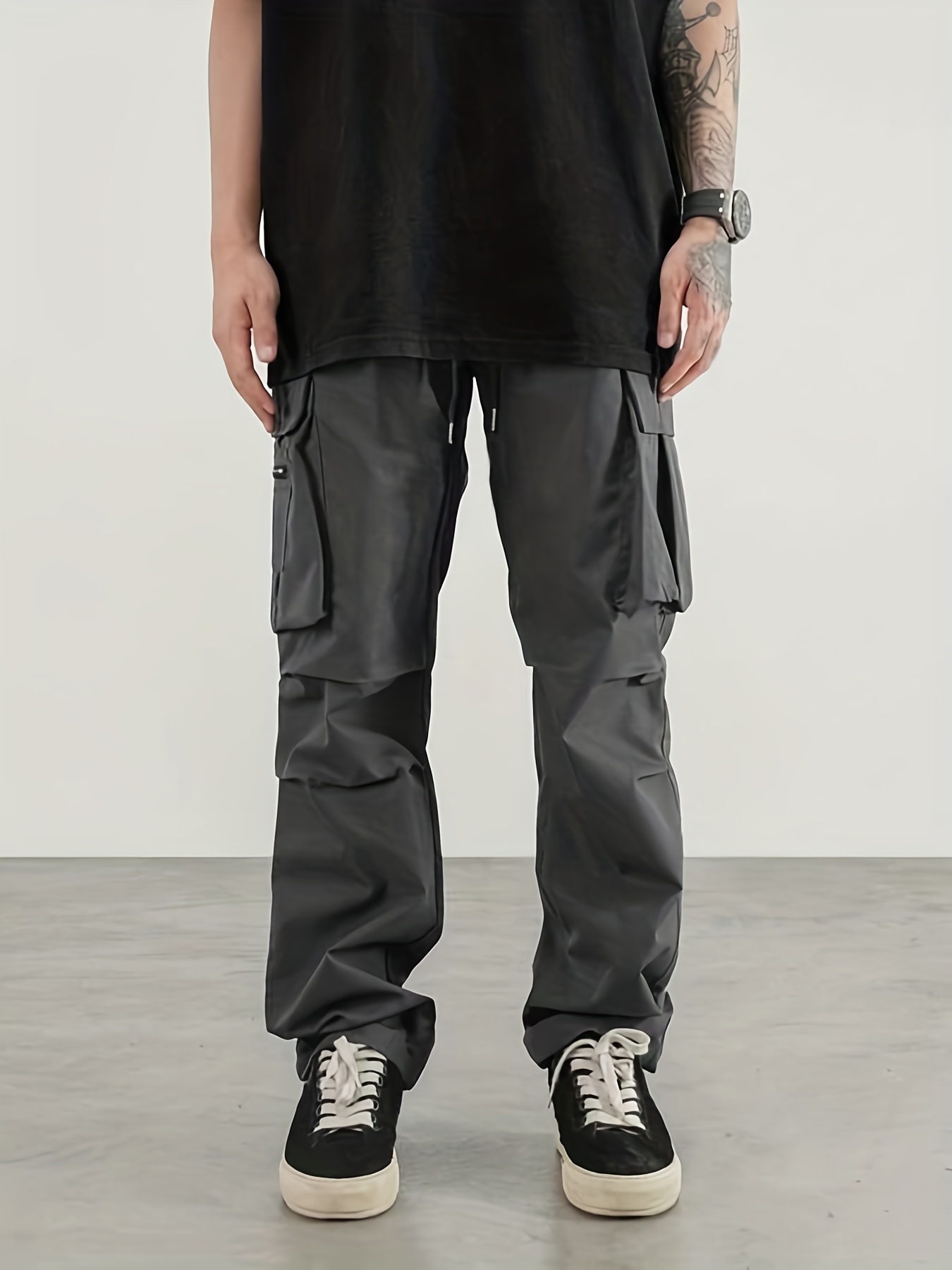 Men's Casual Cargo Pants, Regular Multi Pocket Waist Drawstring Work Pants For Outdoor Activities