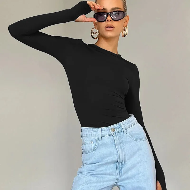 Maxct Female Korean Fashion Crop Tops Women Long Sleeve T-Shirts Solid Color O Neck Slim Fit Casual Basic Tees Going Out Outfits