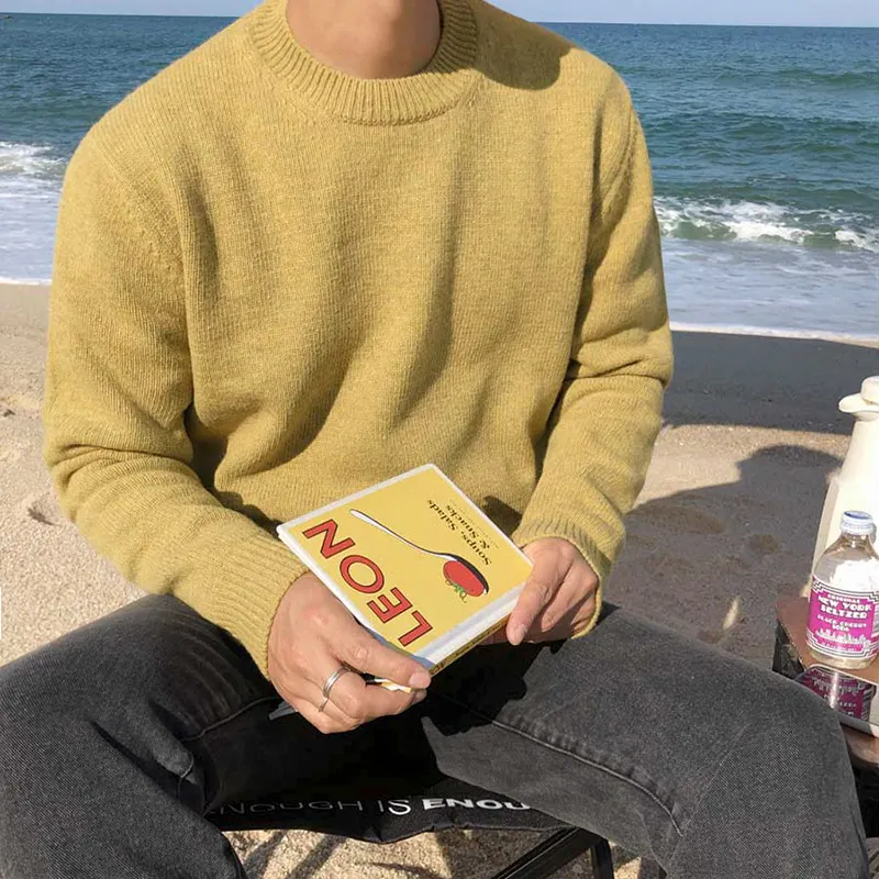 Maxct streetwear men outfits Sweater Men's Korean-Style Loose round Neck Solid Color Sweater Autumn and Winter Thickened Trendy Boys Bottoming Shirt outside