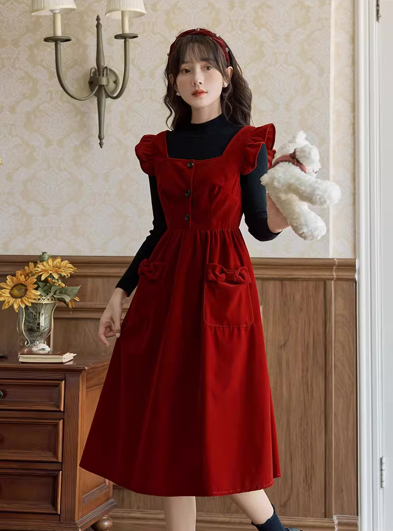 Velvet Frilly Bow Pinafore Dress Maxct