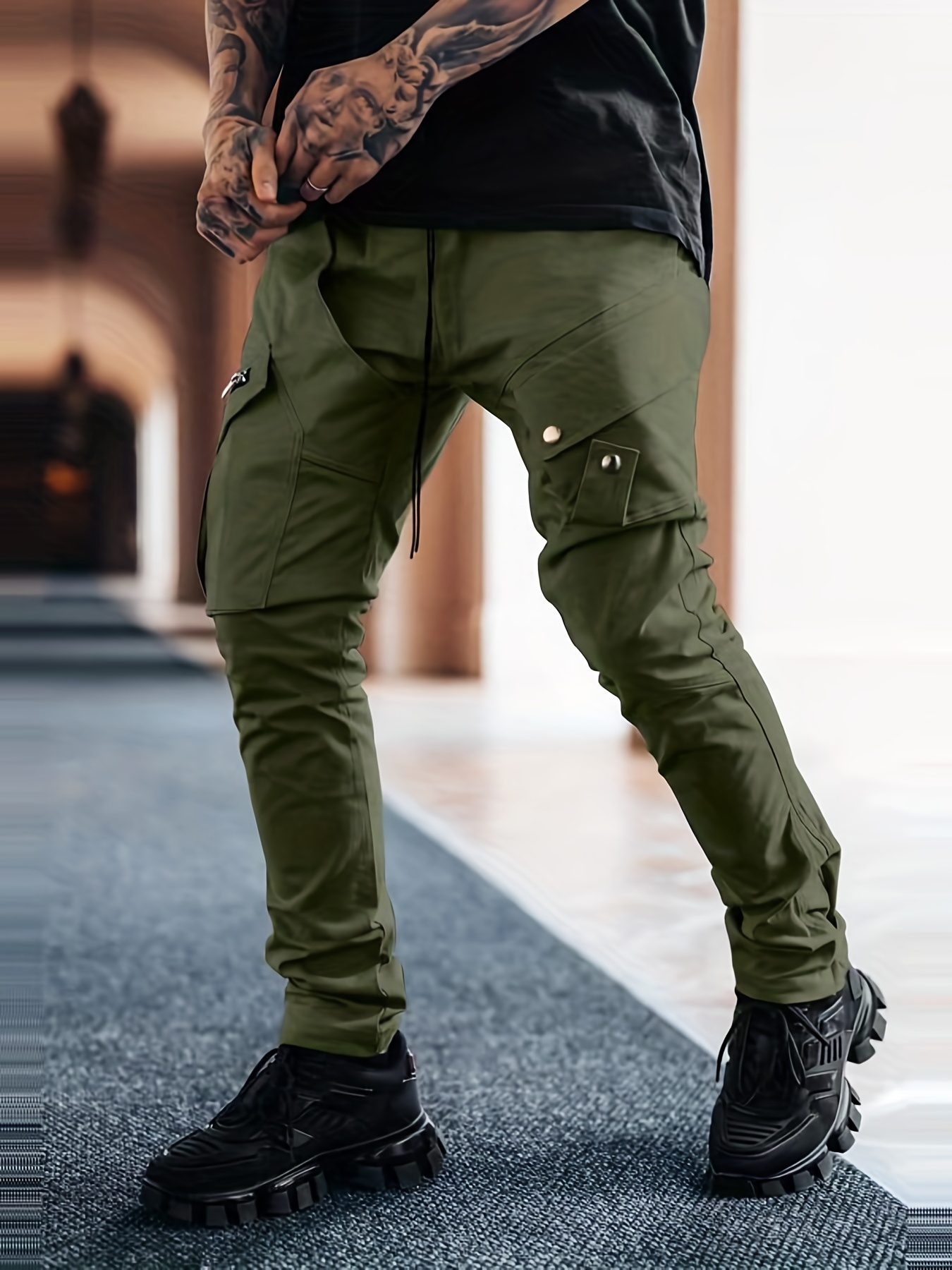 Men's Drawstring Cargo Pants, Zip Pocket Slim Fit Trendy Outdoor Pants, Mens Work Pants, Tactical Pants