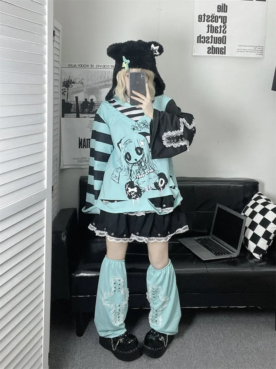 Maxct Y2k Fashion Fake Two Pieces Cartoon Print T-shirts Women Casual Loose Grunge Tops Aesthetic Fairy Harajuku Kawaii Tee