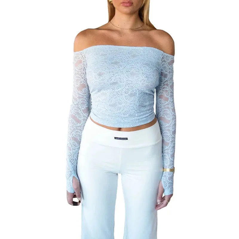 Maxct Fairy Coquette Sexy Backless Crop Top Floral Lace Off Shoulder T-shirts 90s Vintage Chic Women Long Sleeve Tees Y2K Streetwear