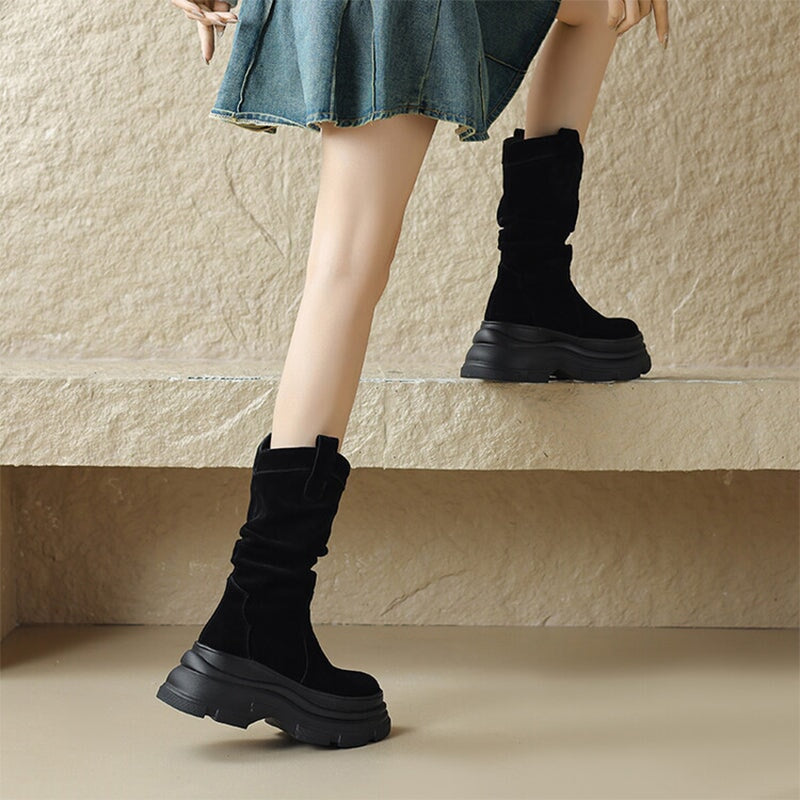 Suede Mid Calf Chunky Western Boots Maxct