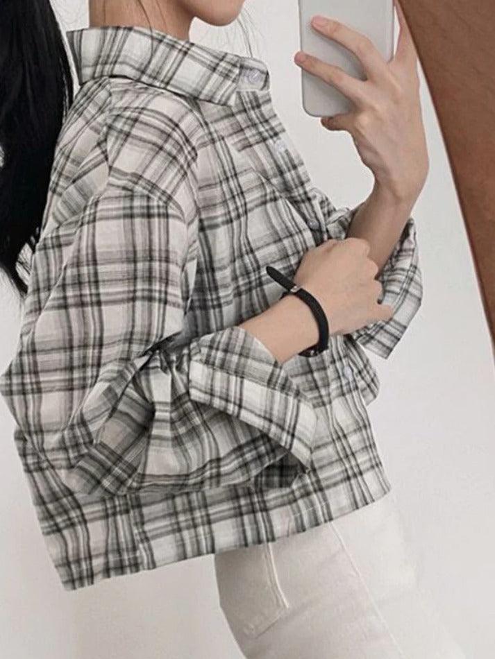 Maxct Vintage Plaid Short Loose Long Sleeve Blouse