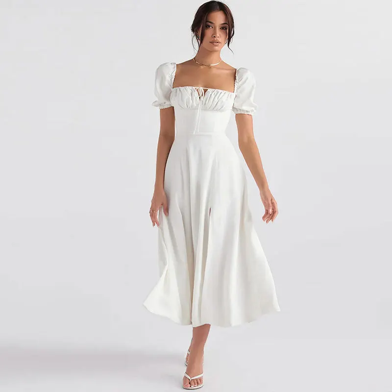 Puff Sleeve Tie Front High Split Off Shoulder Midi Sundress - White Maxct