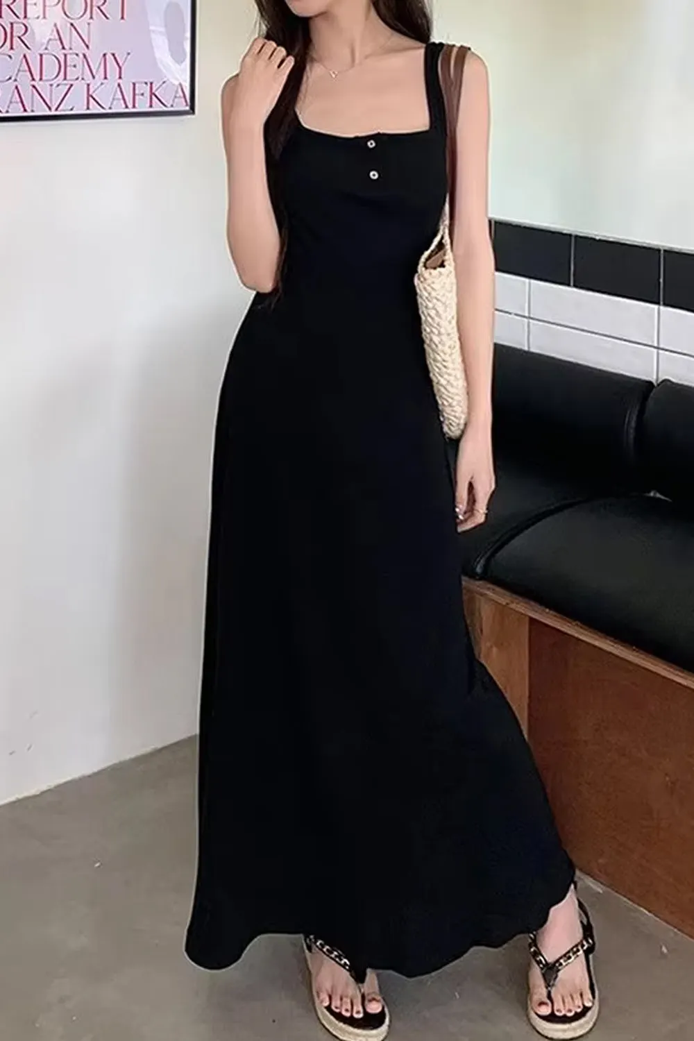 Square Collar Buttons Sleeveless Off Shoulder Long Dress Maxct