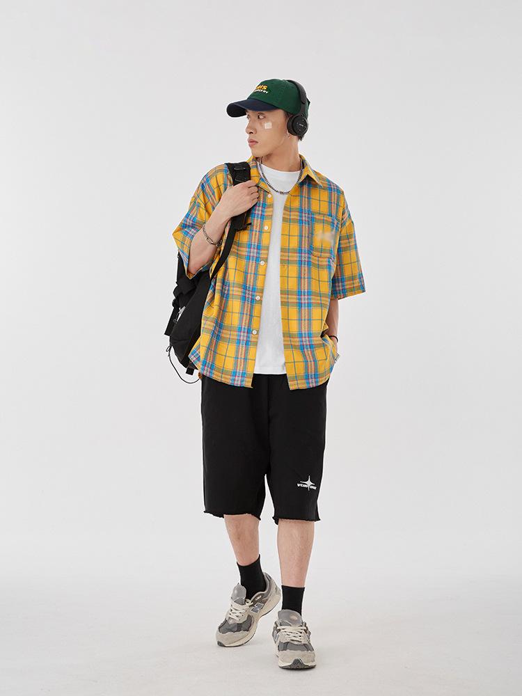 Maxct 90s Streetwear Fashion Retro Contrast Color Plaid Shirt Women's Summer New Letter Embroidered Design Casual Half Sleeve Coat Top