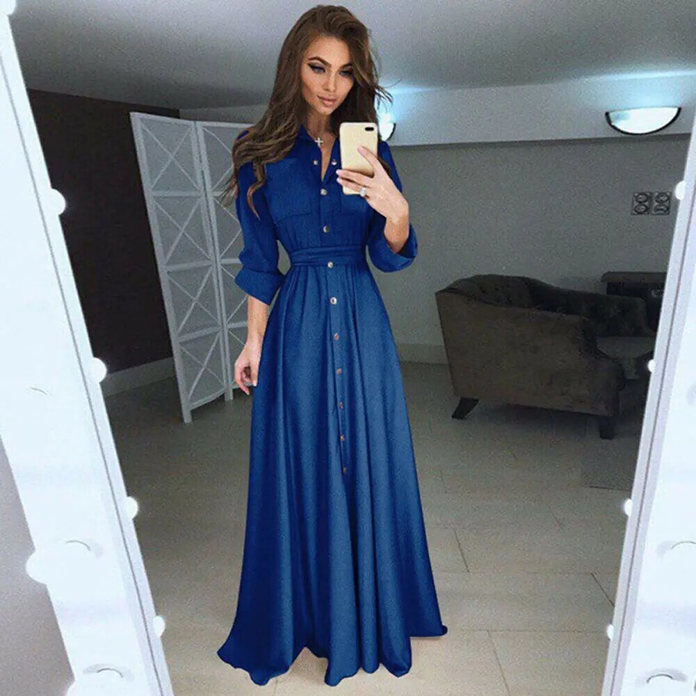 Maxct Shirt Button Down Dress Womens Long Sleeve Formal Long Maxi Evening Party Tunic S-3XL