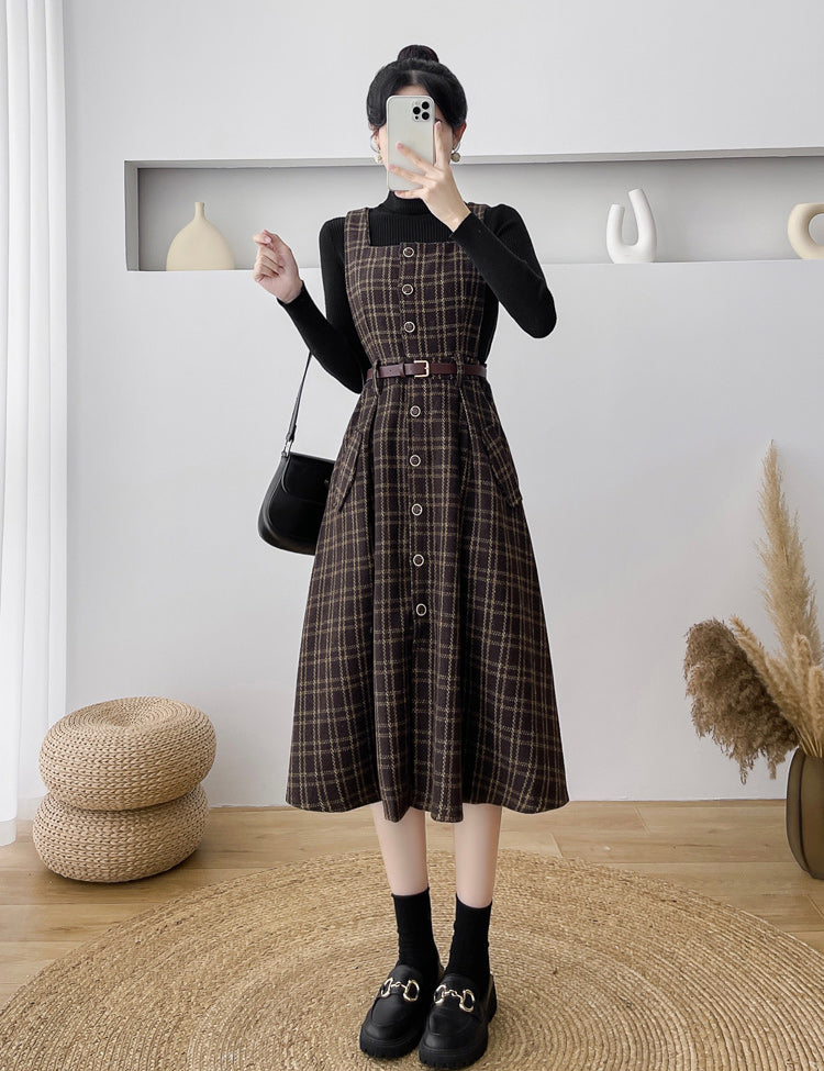 Button Up Plaid Pinafore Dress Maxct