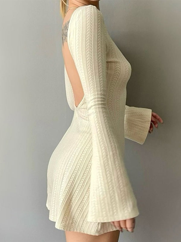 Backless Knitted Long Sleeve Mini Dress Maxct