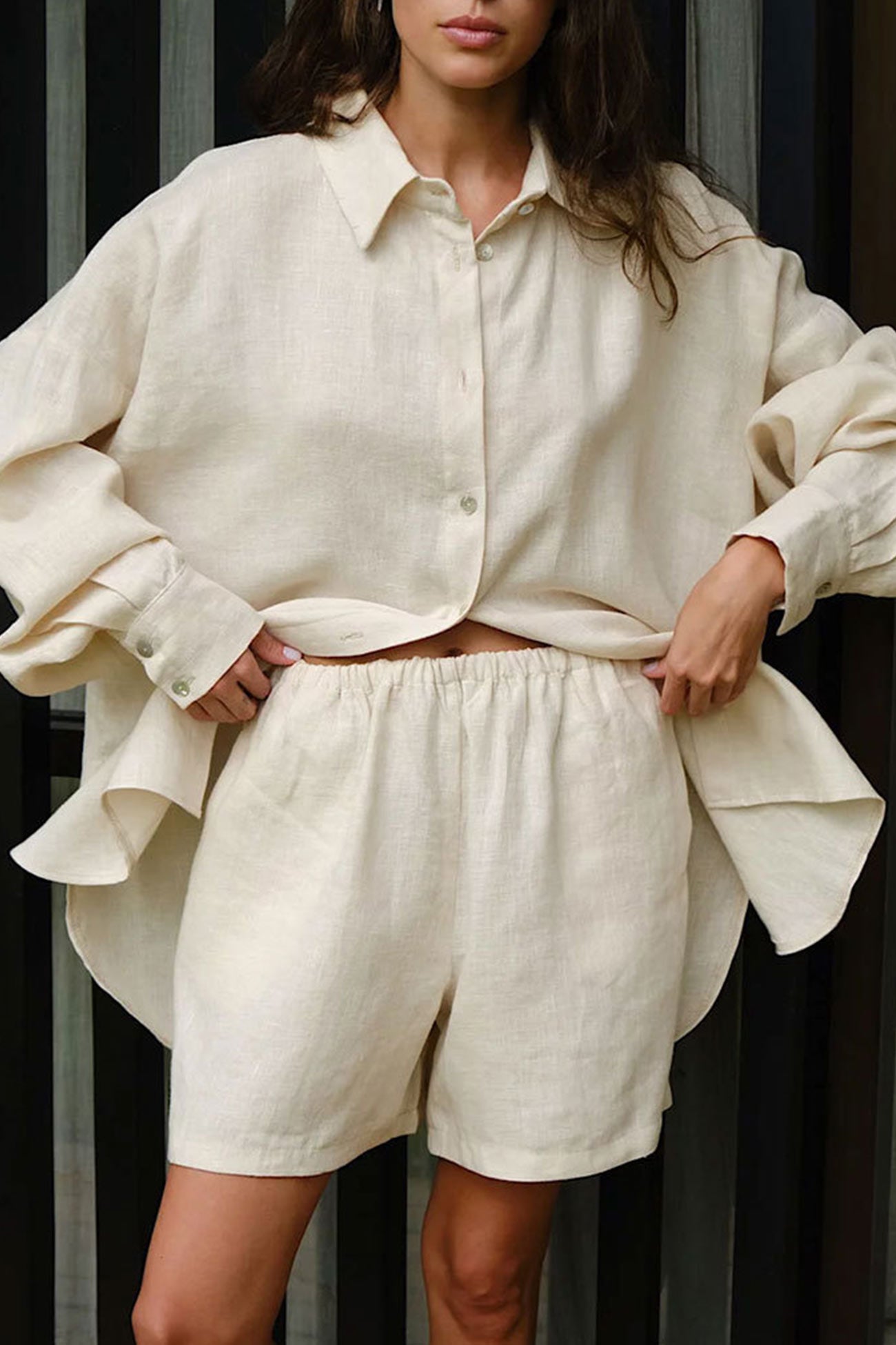 Maxct Cotton Slit Hem Blouse Shorts Suits