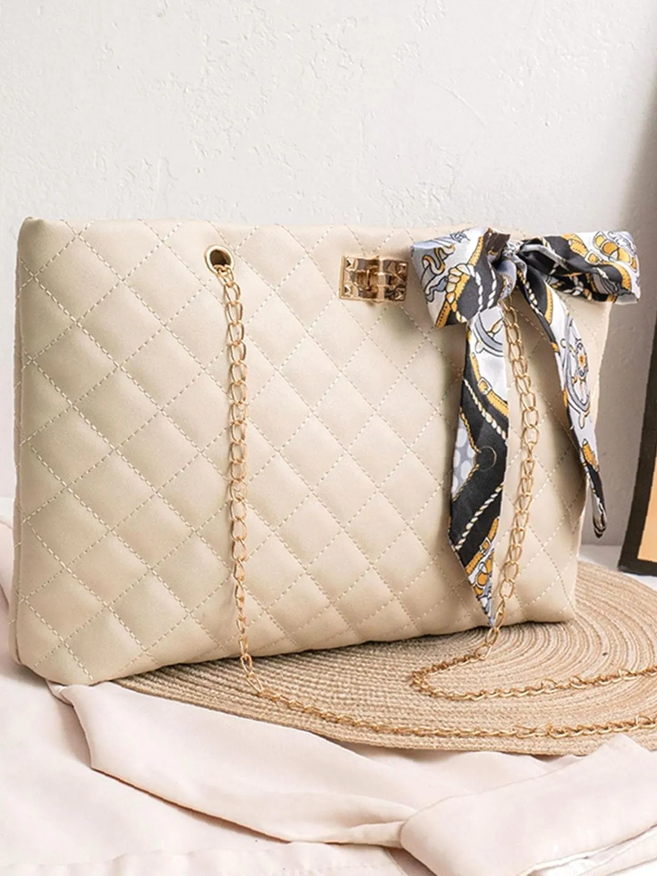 Maxct - Twilly Scarf Decor Quilted Shoulder Tote Bag  - Women Tote Bags