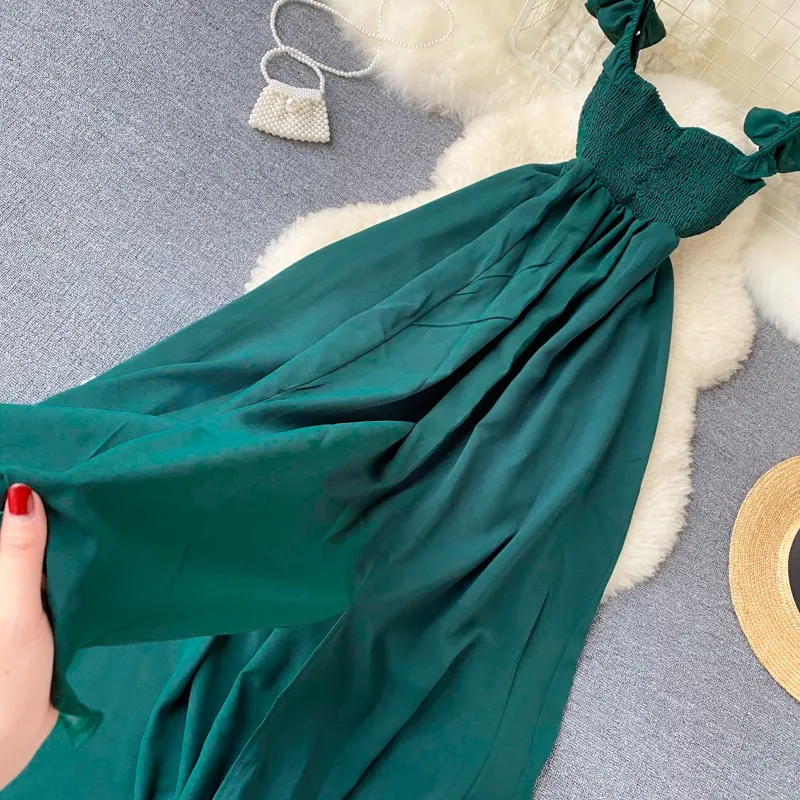 High Waist Slash Neck Women Long Dress Elegant Big Swing A-line Vestidos Verano Vintage Green/Red Party Robe For Female