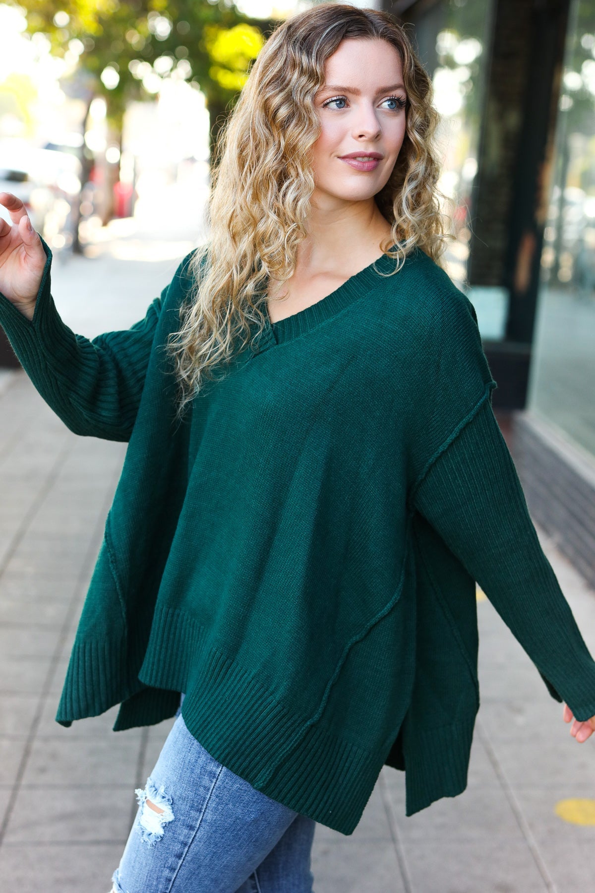 Maxct &Casual Chic Hunter Green Oversized V Neck Rib Knit Sweater