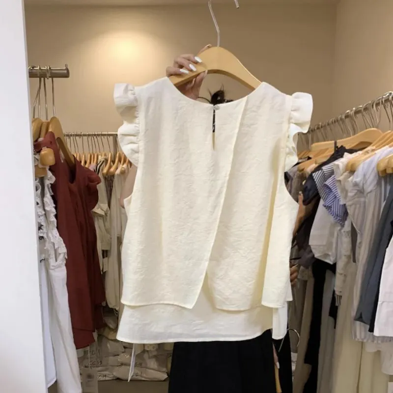 Maxct Women French Style Retro Sleeveless Solid Casual Tops Summer Thin O-neck Flying Sleeve Tender Sun-proof Office Ladies