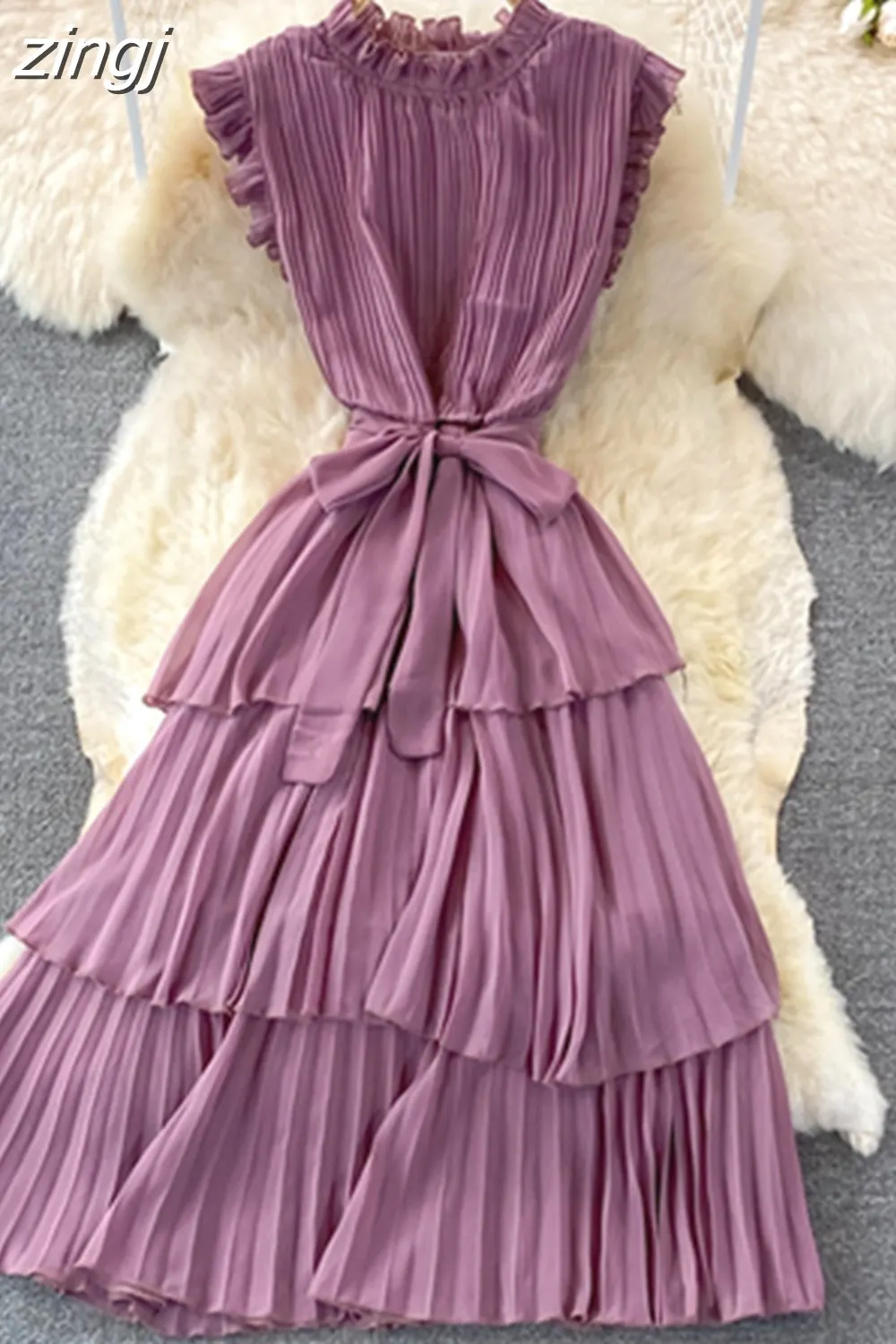 Maxct Women Purple/Pink/Green Draped Dress Vintage Ruffle Stand Collar Sleeveless High Waist Party Pleated Vestidos Female New