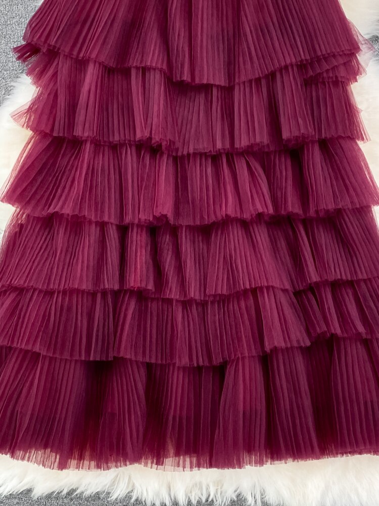 Cascading Ruffle Mesh Spaghetti Strap Mini Dress Women Purple/Green/Pink Sleeveless A-Line Vacation Beach Vestidos Female