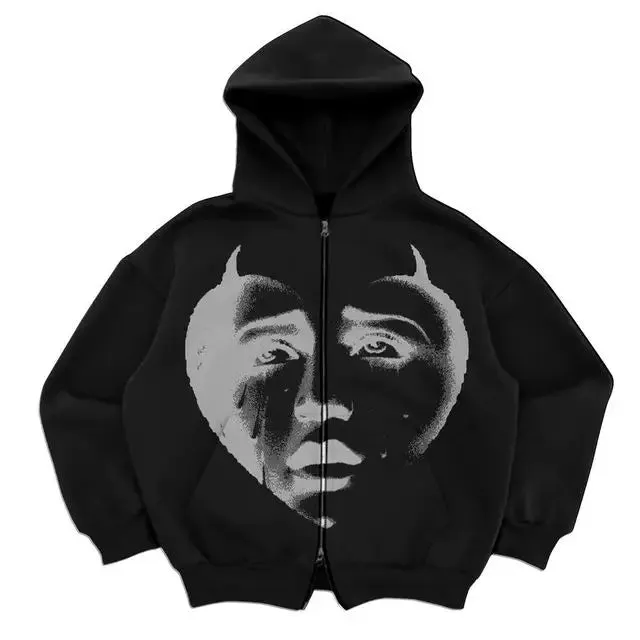 Maxct Gothic Retro High Street Hoodies Y2k Zip Up Hoodie Men and Women Clothes Hip Hop Punk Loose Sweatshirt Zipper Pullover Cardigan
