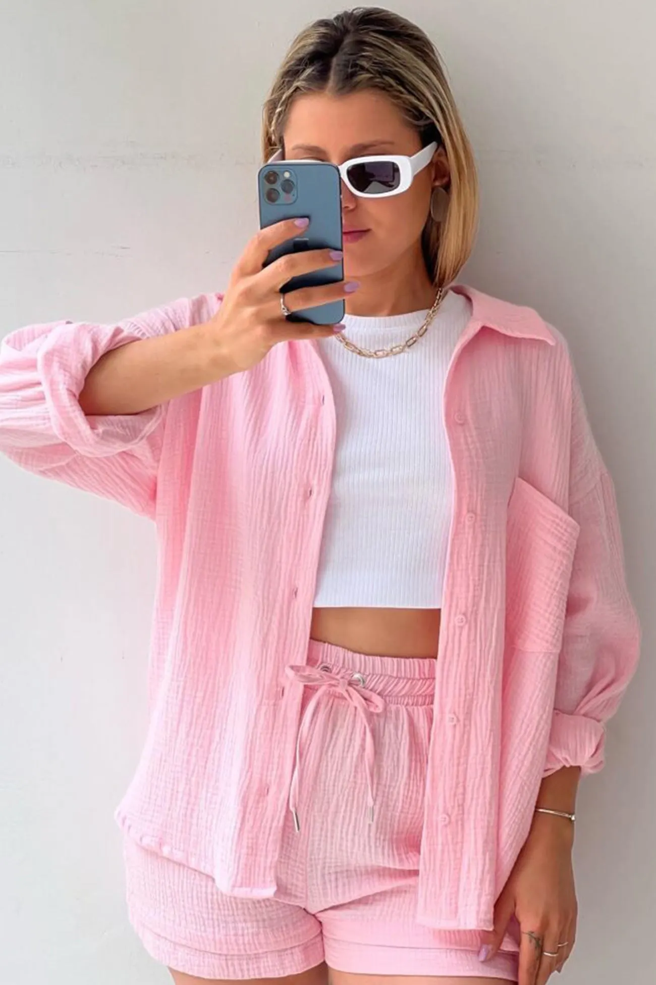 Maxct Long Sleeve Solid Color Shirt Shorts Set