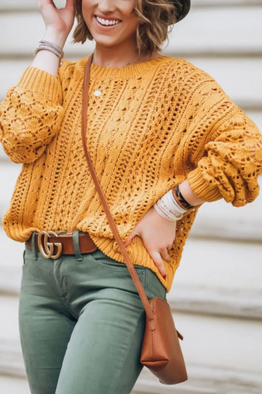 Maxct &Openwork Round Neck Drop Shoulder Sweater