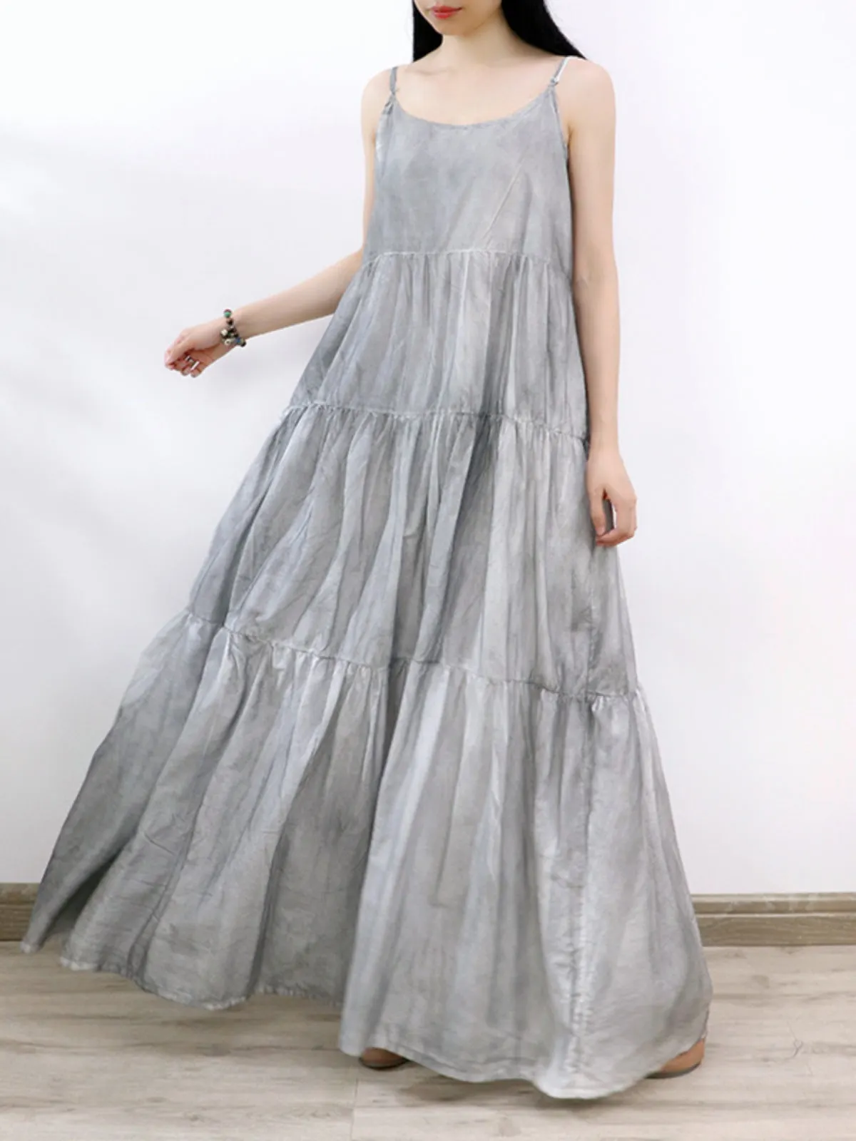 Maxct Summer Gray Tie-Dye Spaghetti Strap Wide Hemline Dress