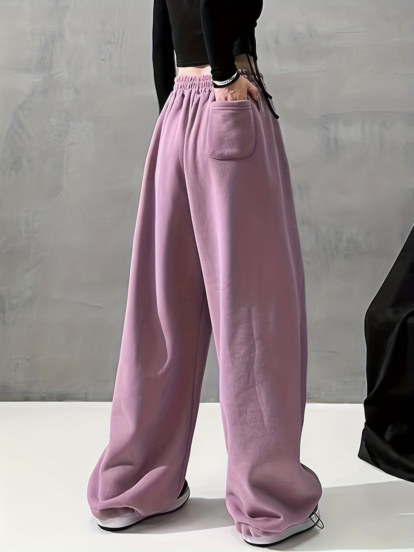 Solid Comfy Wide Leg Pants, Casual Elastic Waist Loose Pants With Pocket, Women's Clothing