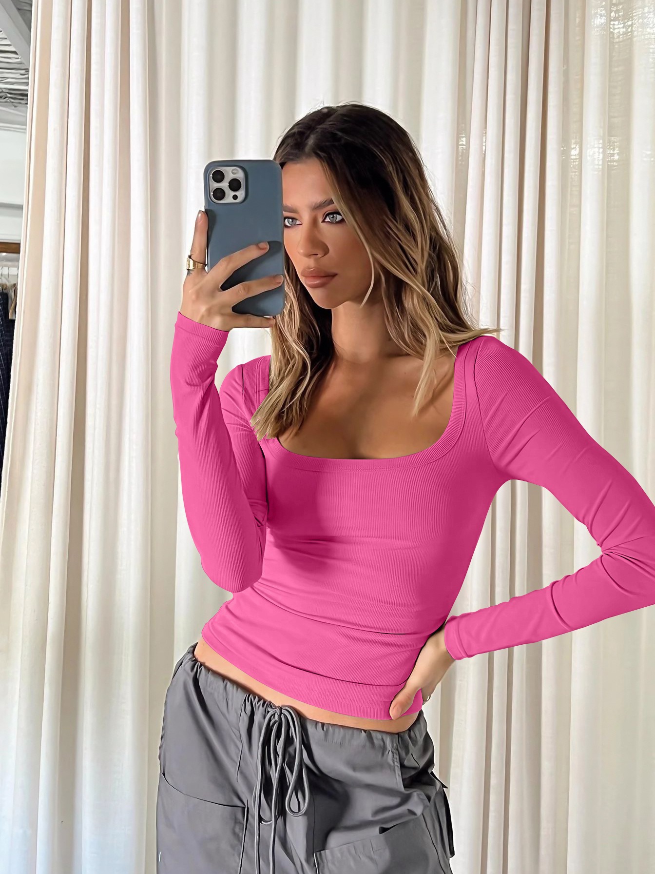Amazon Sexy Women's Top Knitwear T-Shirt Sexy U-Neck Long Sleeve Shirt
