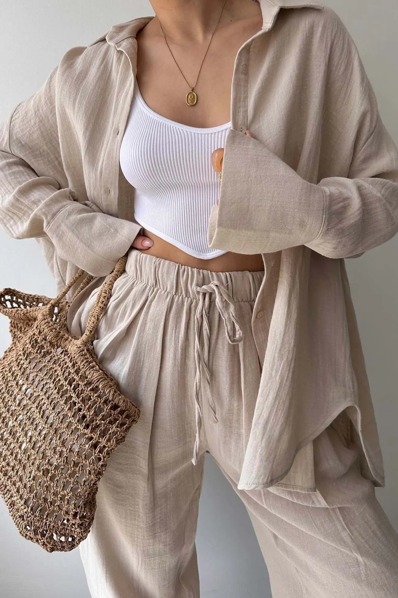 Maxct Lapel Long Sleeve Shirt Strappy Long Pants Suits