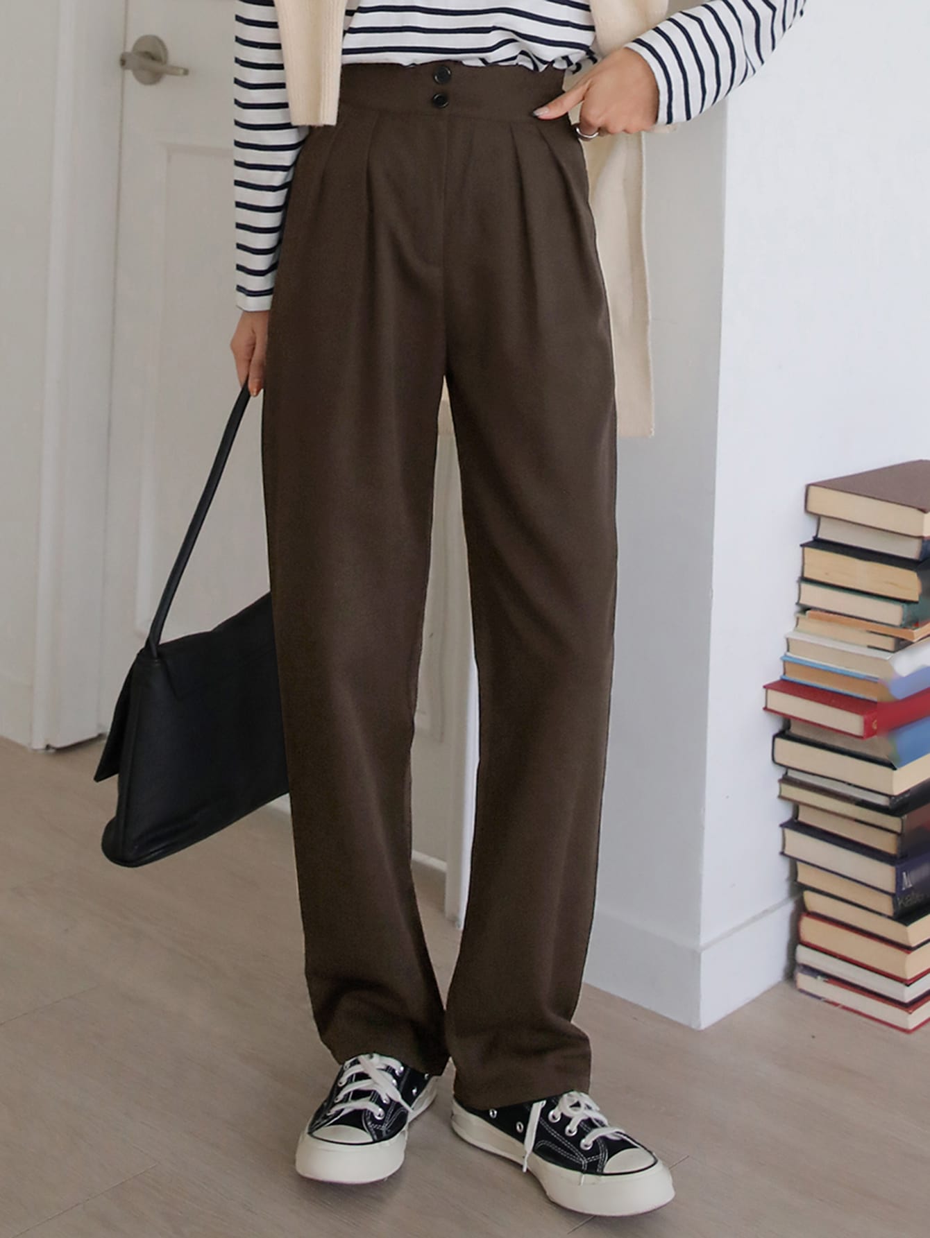 Maxct High Waist Plicated Detail Straight Leg Pants