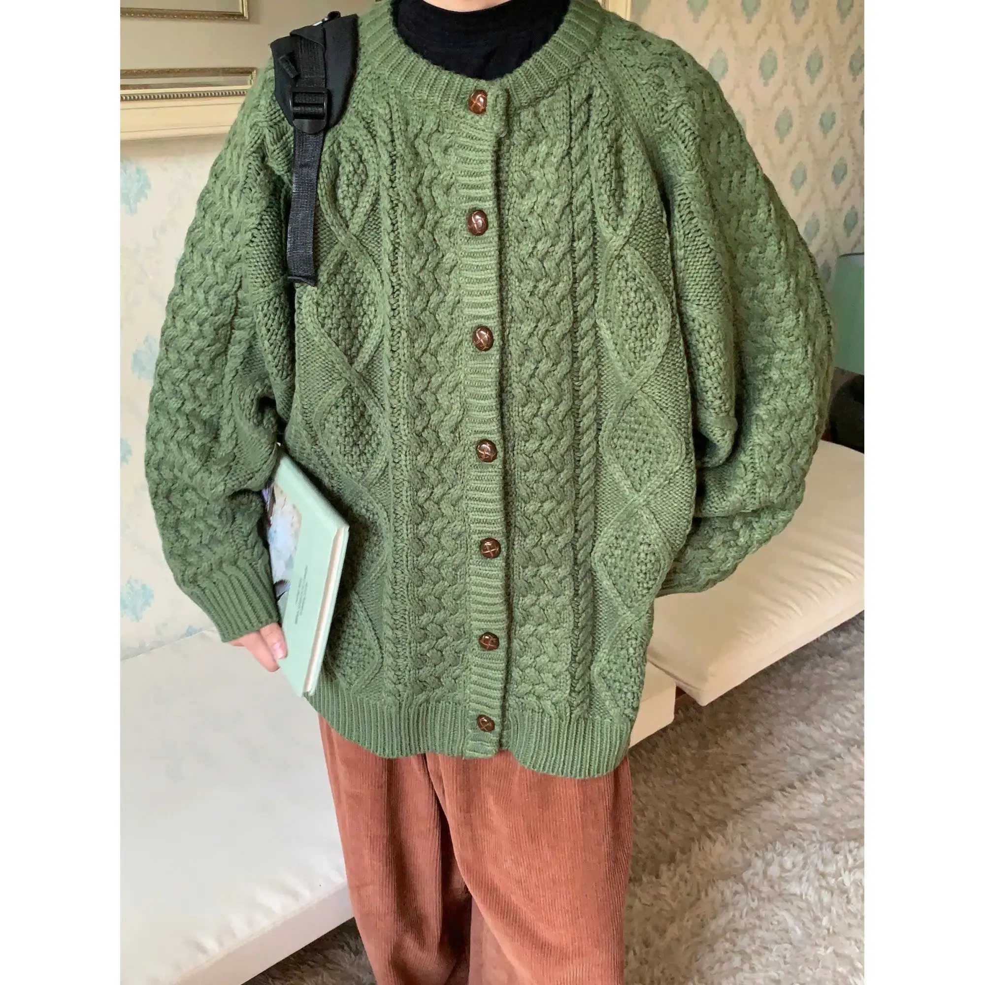 Maxct Crew Neck Twist Knit Sweater Cardigan