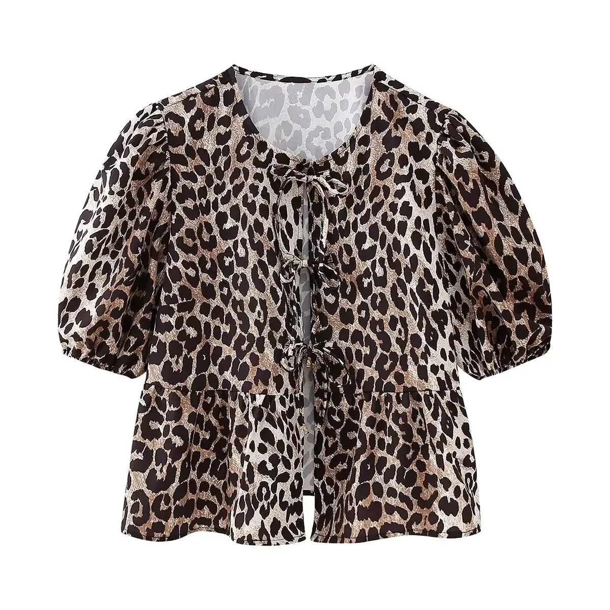 Leopard Shirt Summer Crop Top Puff Sleeve Blouse With Lace-up Closing New Women's Clothing