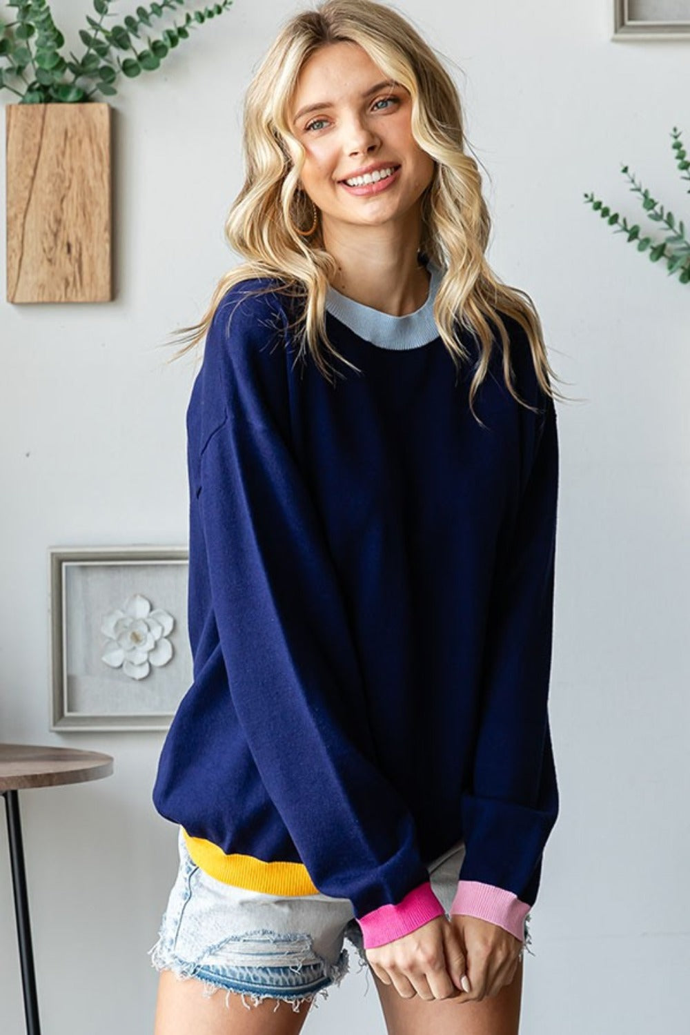 Maxct &First Love Contrast Ribbed Round Neck Long Sleeve Sweater
