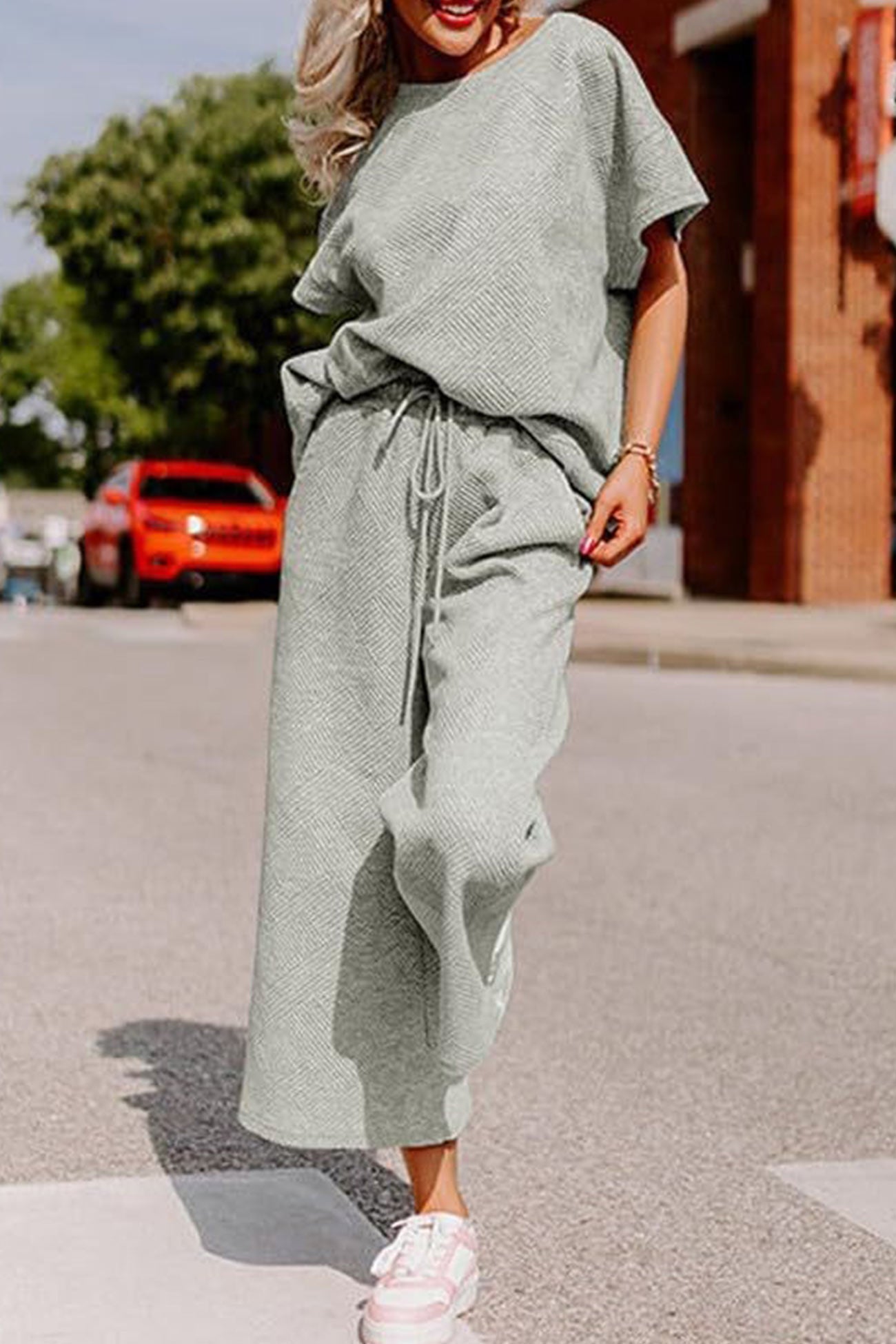 Maxct Solid Textured T-shirt Long Pants Set