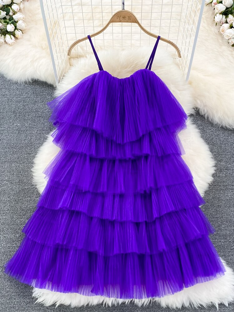 Maxct Cascading Ruffle Mesh Spaghetti Strap Mini Dress Women Purple/Green/Pink Sleeveless A-Line Vacation Beach Vestidos Female