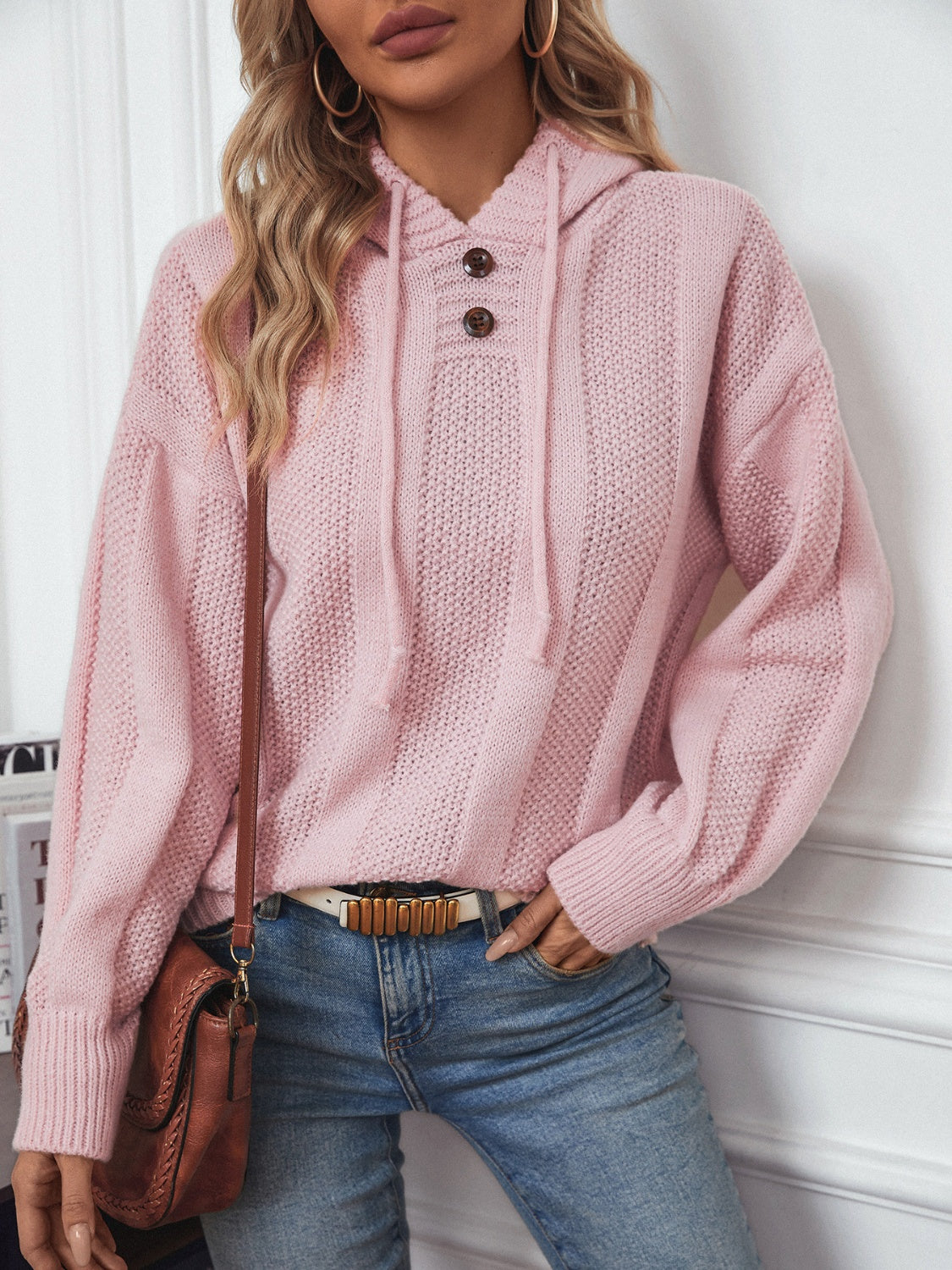 Women's Hooded Button-Placket Knit Sweater