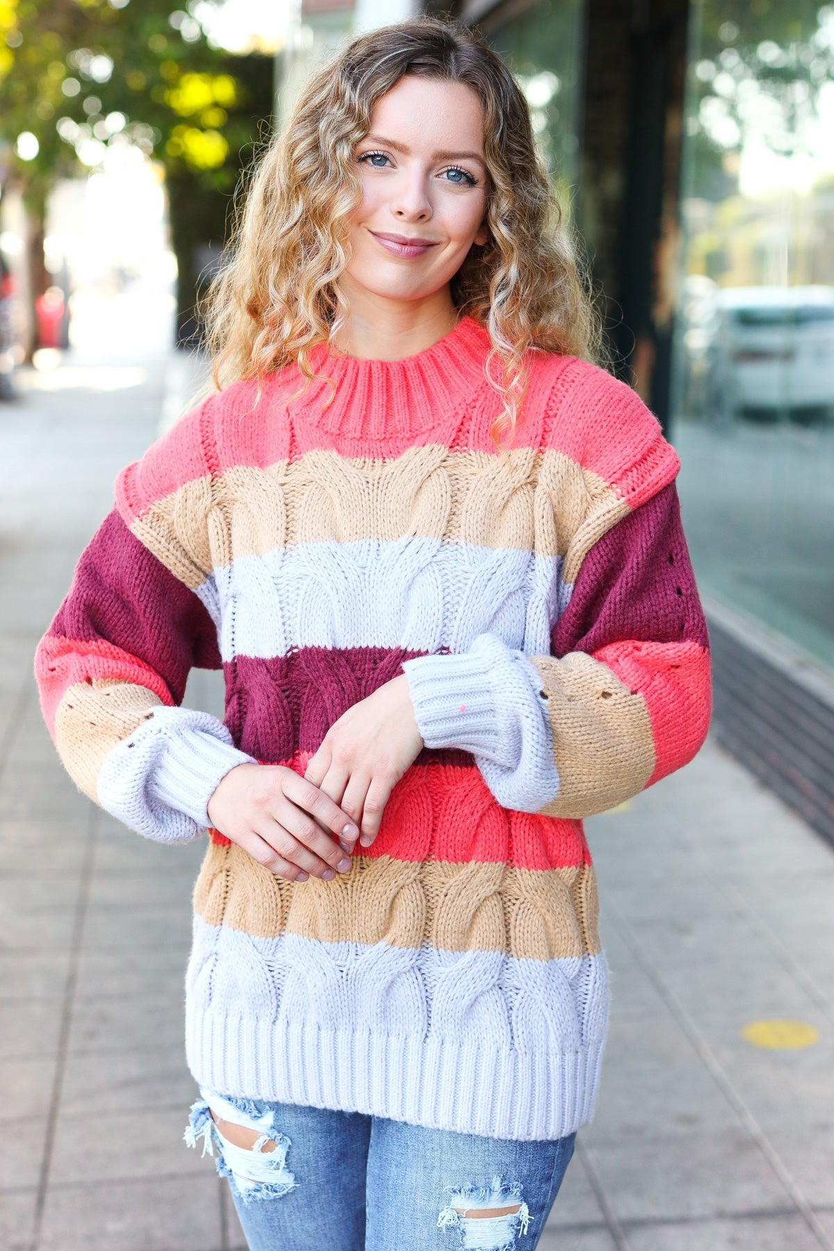 Maxct &Fall For You Rust Multicolor Stripe Cable Knit Mock Neck Sweater