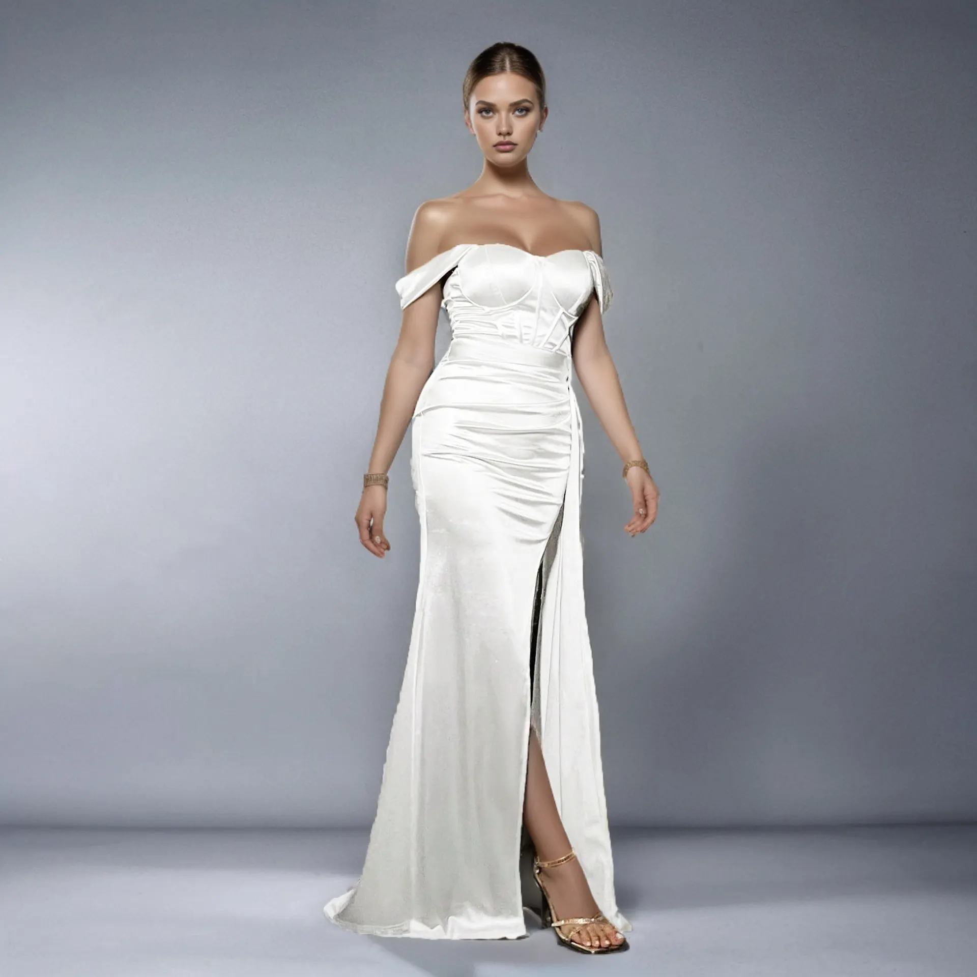 Maxct pirates vs sailors drees to impress Middle East Ins Waist Solid Color off-Neck Slit Evening Dress Fishtail Dress Long Skirt Dress