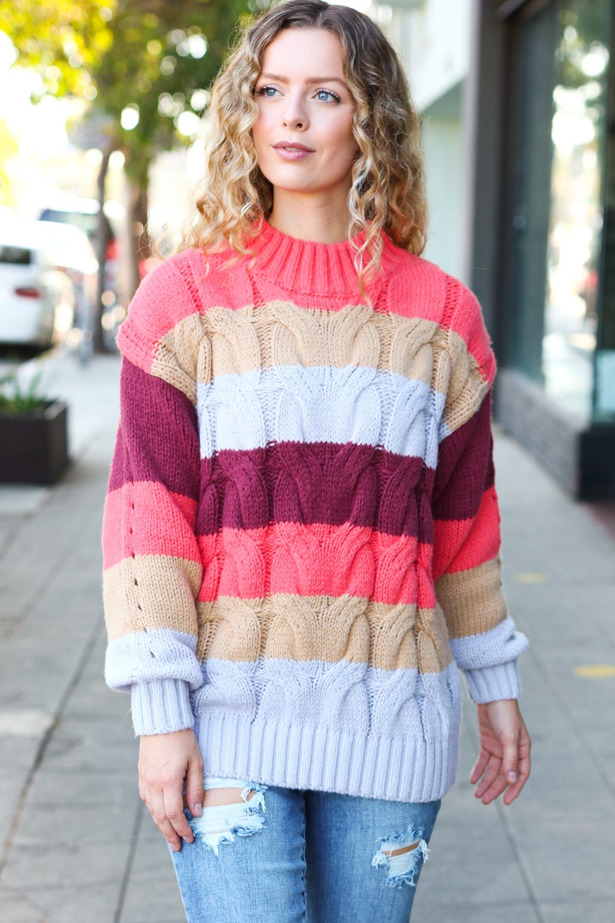 Maxct &Fall For You Rust Multicolor Stripe Cable Knit Mock Neck Sweater
