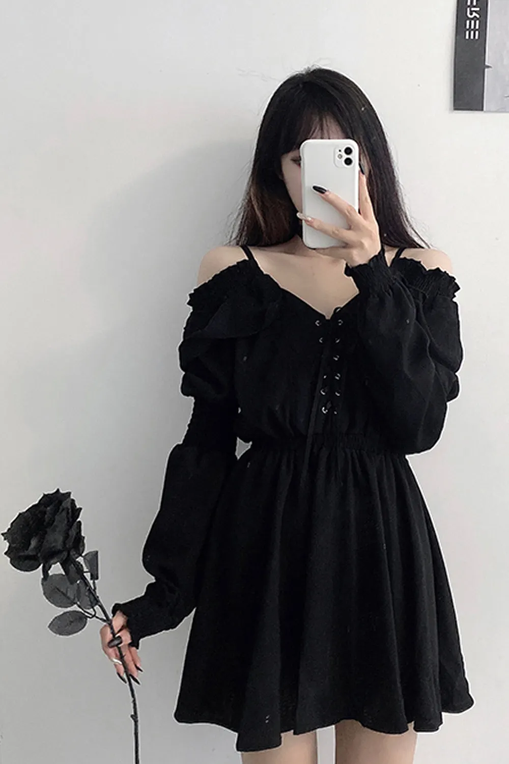 Long Sleeve Off Shoulder Gothic Black Dress Maxct