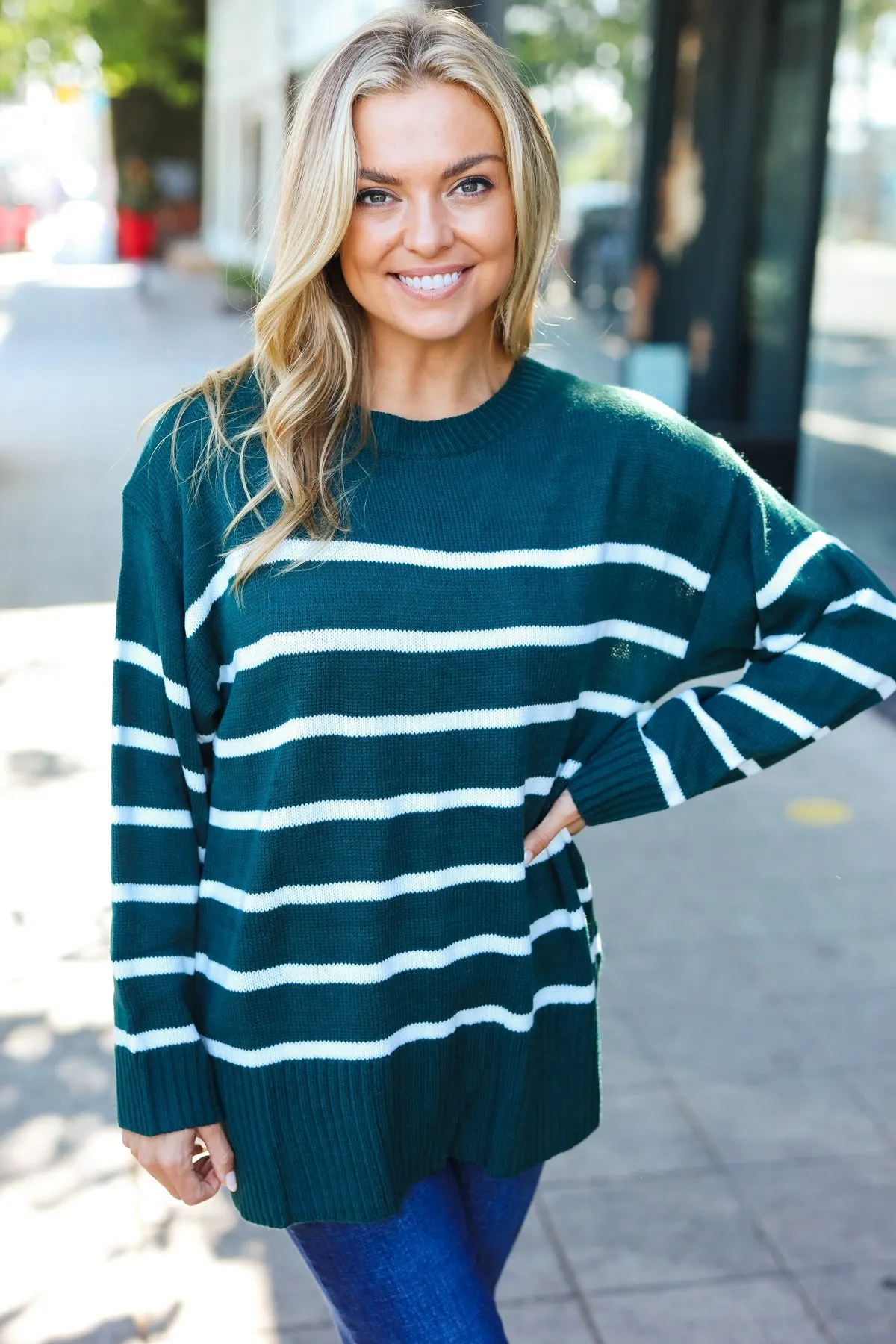 Maxct &Stand Out Hunter Green Striped Oversized Knit Sweater