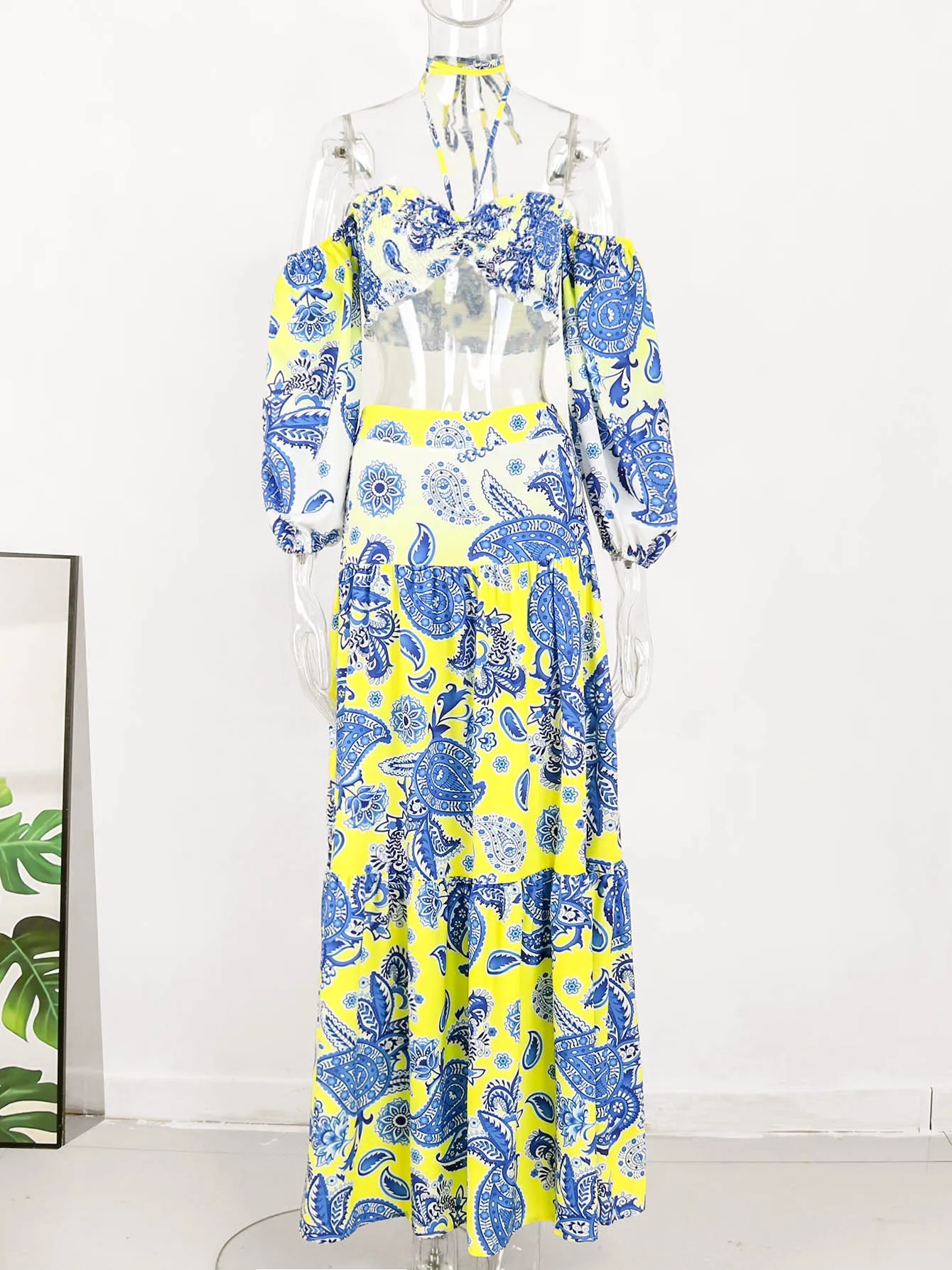 Maxct Summer Two Pieces Maxi Dress For Women Halter Lace Up Tops And Retro Floral Print Long Skirt Ruffled Holiday Beach Dresses