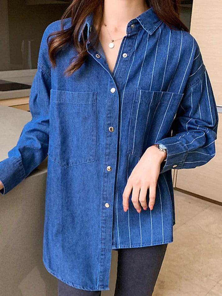 Maxct Vintage Striped Splice Denim Blouses&Shirts