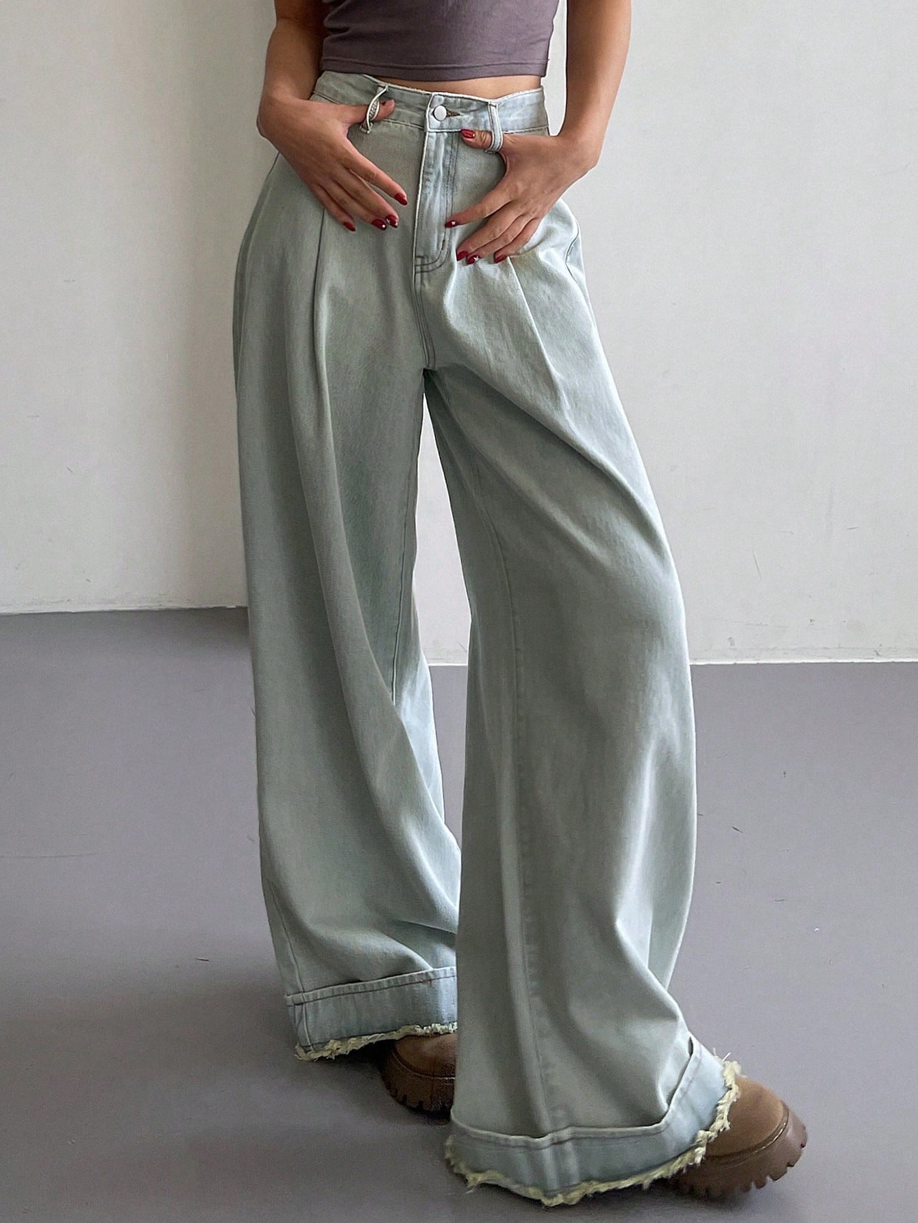 Maxct Women's Loose Fit Casual Denim Pants With Pleats And Frayed Hem