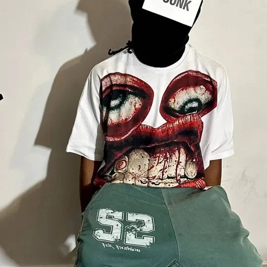 Maxct Y2K Cotton T Shirt Mens Womens Harajuku Hip Hop Big Eyes Mouth Graphic Printed Oversized T Shirt Retro Classic Short Sleeve Tops